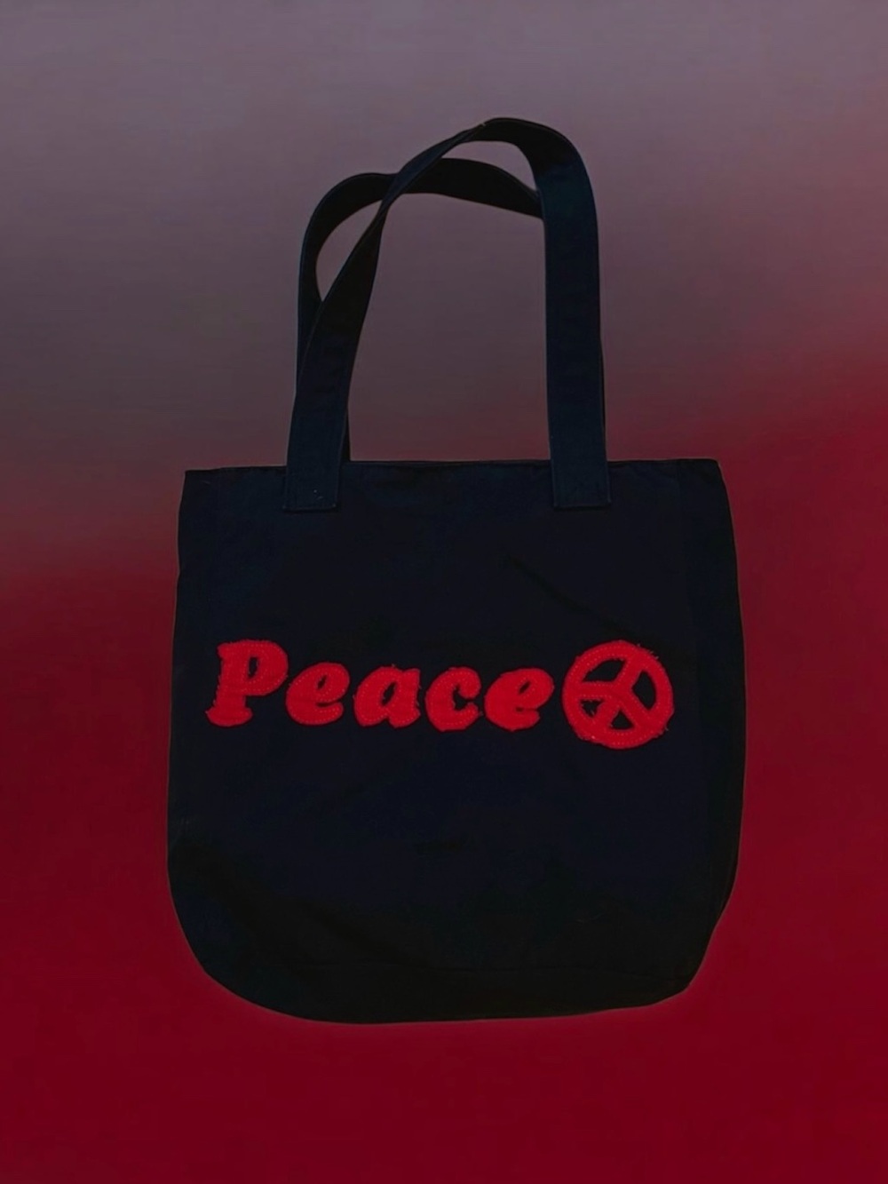 Black Cotton Denim "Peace" Graphic Tote Bag 17” x 15”